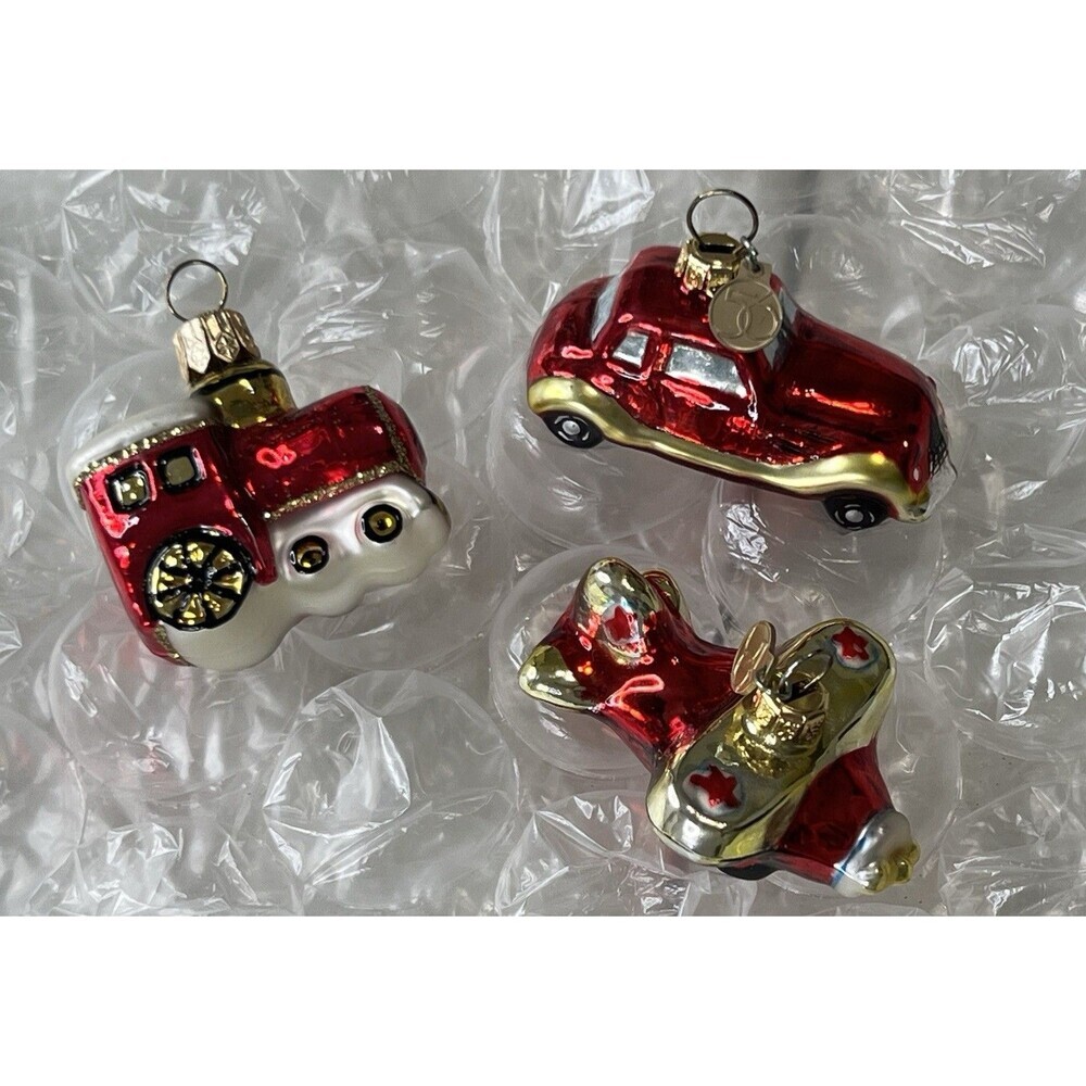 Department 56 Ornaments Small Blown Glass Plane, Train, Car Lot of 3